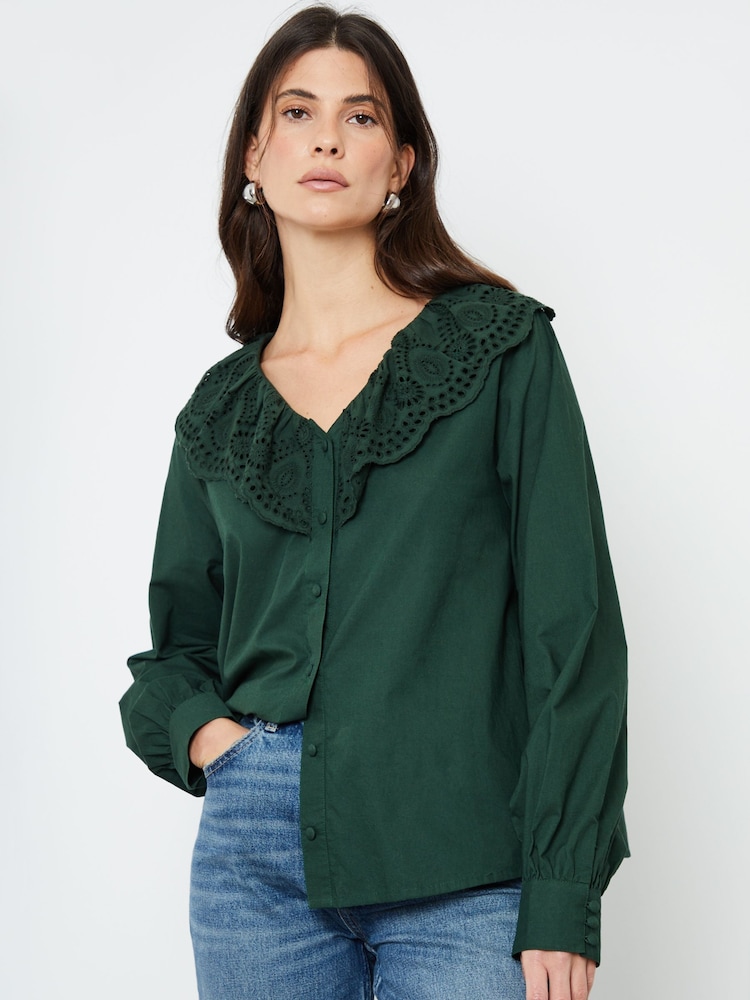 Another Sunday Green Broderie Collar Button Through 100% Cotton Blouse - Image 2 of 4