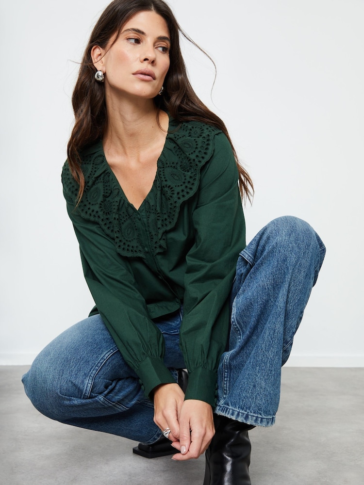 Another Sunday Green Broderie Collar Button Through 100% Cotton Blouse - Image 3 of 4