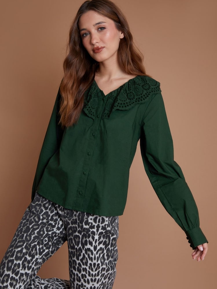Another Sunday Green Broderie Collar Button Through 100% Cotton Blouse - Image 4 of 4