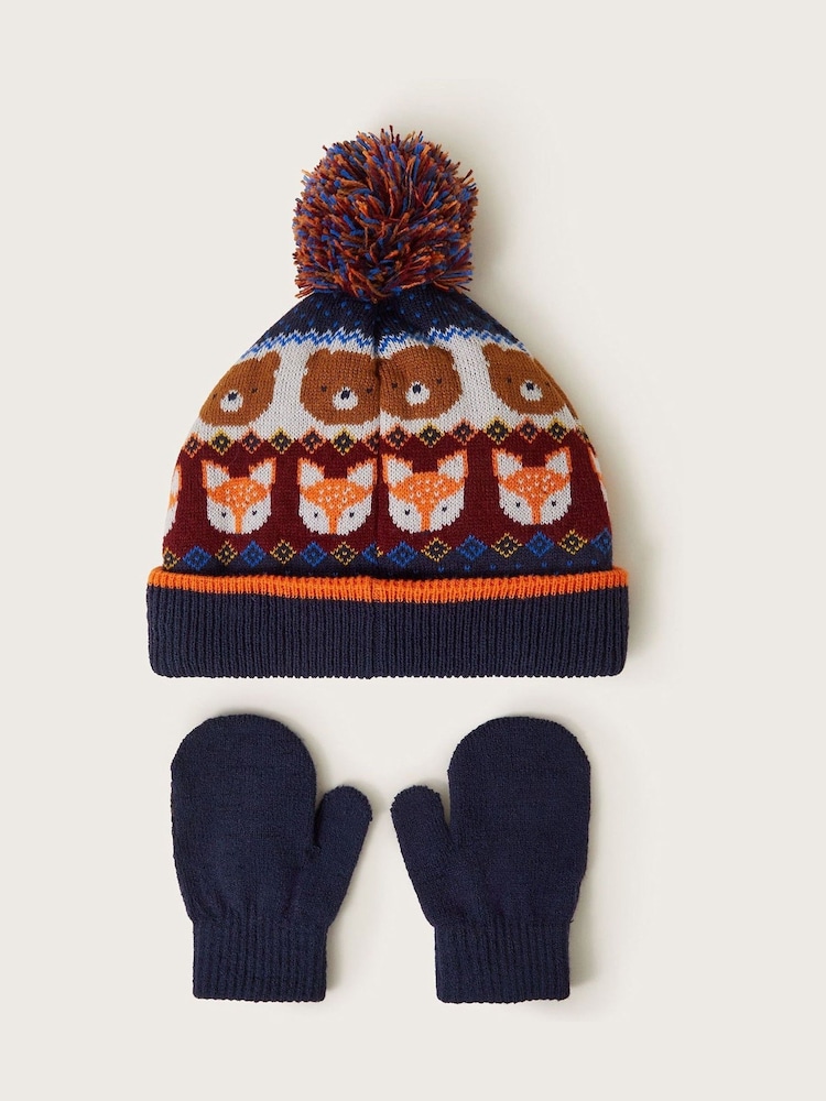 Monsoon Navy Forest Animals Knit Beanie and Mittens Set - Image 2 of 3 Monsoon Navy Forest Animals Knit Beanie and Mittens Set - Image 2 of 3