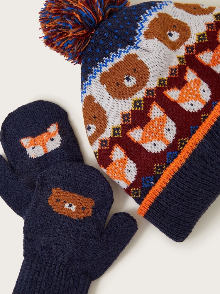 Monsoon Navy Forest Animals Knit Beanie and Mittens Set - Image 3 of 3 Monsoon Navy Forest Animals Knit Beanie and Mittens Set - Image 3 of 3