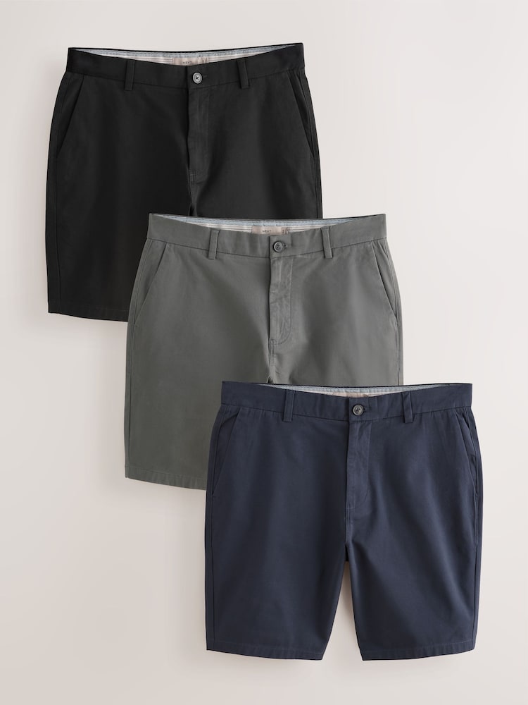 Black/Navy/Charcoal Slim Fit Stretch Chinos Shorts 3 Pack - Image 1 of 15