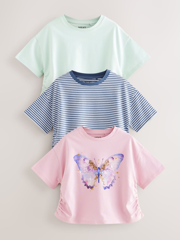 Vijoličasto-svetlo modra - bleščice; z bleščicami Butterfly Ruche Hem Side majica 3 Pack (3-16yrs) - Slika 1 iz 7 Vijoličasto-svetlo modra - bleščice; z bleščicami Butterfly Ruche Hem Side majica 3 Pack (3-16yrs) - Slika 1 iz 7
