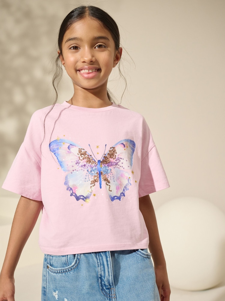 Purple/Aqua Sequin Butterfly Ruche Hem Side T-Shirts 3 Pack (3-16yrs) - Image 3 of 7