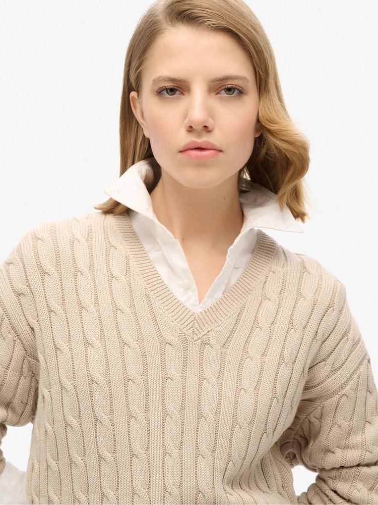 Superdry Cream Oversized V-Neck Cable Jumper - Image 1 of 4 Superdry Cream Oversized V-Neck Cable Jumper - Image 1 of 4