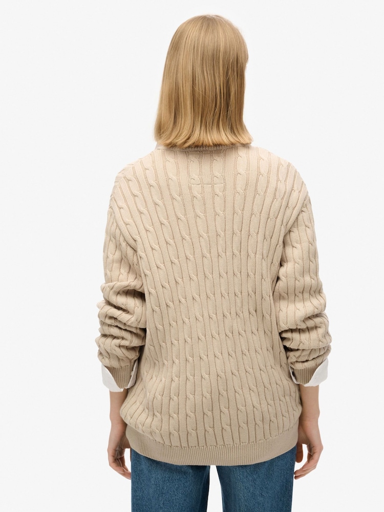 Superdry Cream Oversized V-Neck Cable Jumper - Image 2 of 4 Superdry Cream Oversized V-Neck Cable Jumper - Image 2 of 4