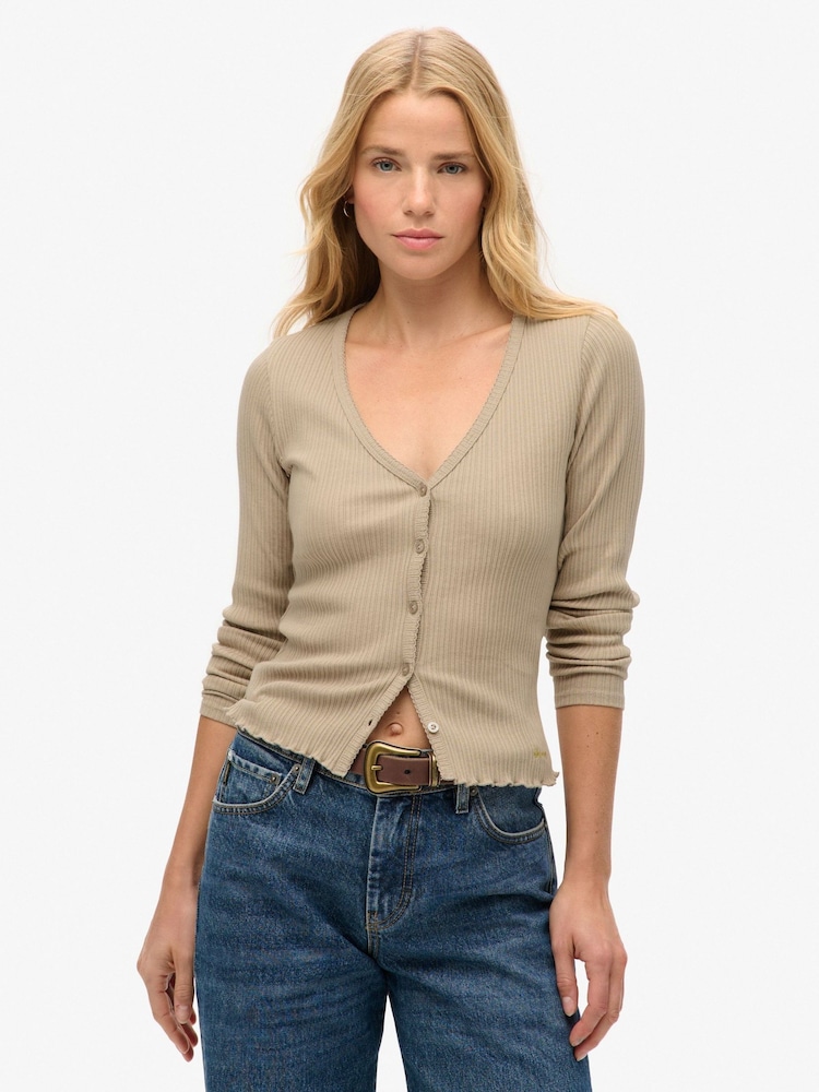Superdry Brown Essential Button Through Long Sleeve100% Cotton Cardigan - Image 1 of 3