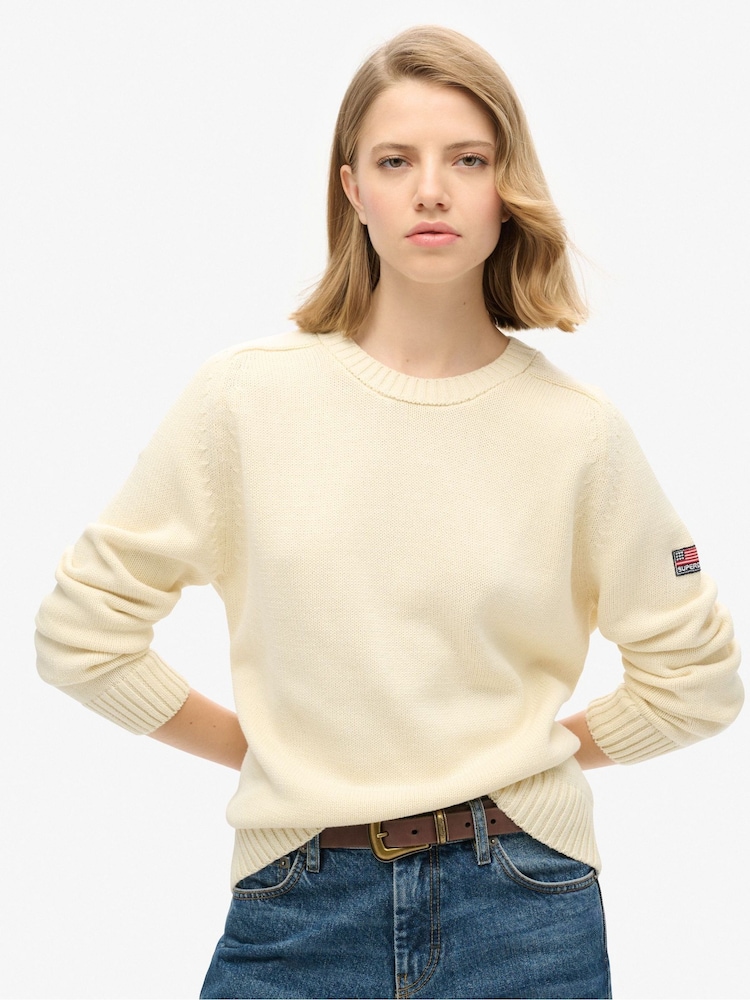 Superdry White Slouchy Knitted Crew Sweatshirt - Image 1 of 4