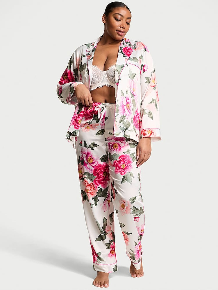 Victoria's Secret Coconut White Floral Satin Long Pyjama Set - Image 1 of 3 Victoria's Secret Coconut White Floral Satin Long Pyjama Set - Image 1 of 3