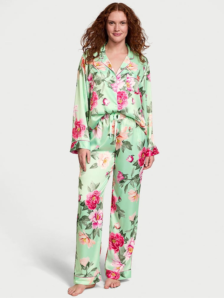 Victoria's Secret Mint Green Floral Satin Long Pyjama Set - Image 1 of 3
