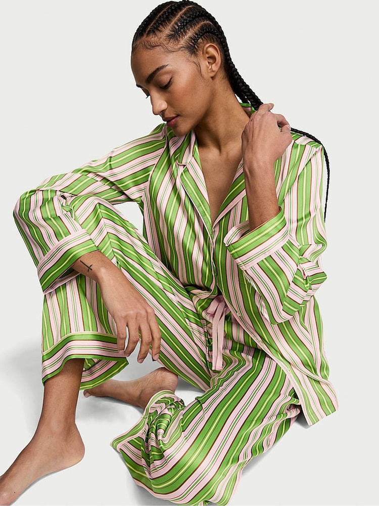 Victoria's Secret Green/Caramel Stripe Satin Long Pyjama Set - Image 1 of 3