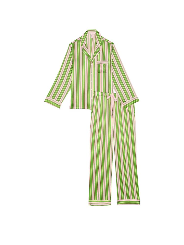 Victoria's Secret Green/Caramel Stripe Satin Long Pyjama Set - Image 3 of 3