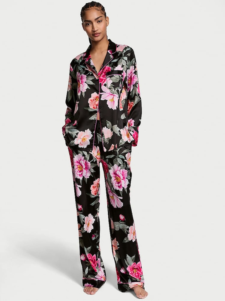 Victoria's Secret Black Floral Bouquet Satin Long Pyjama Set - Image 1 of 3