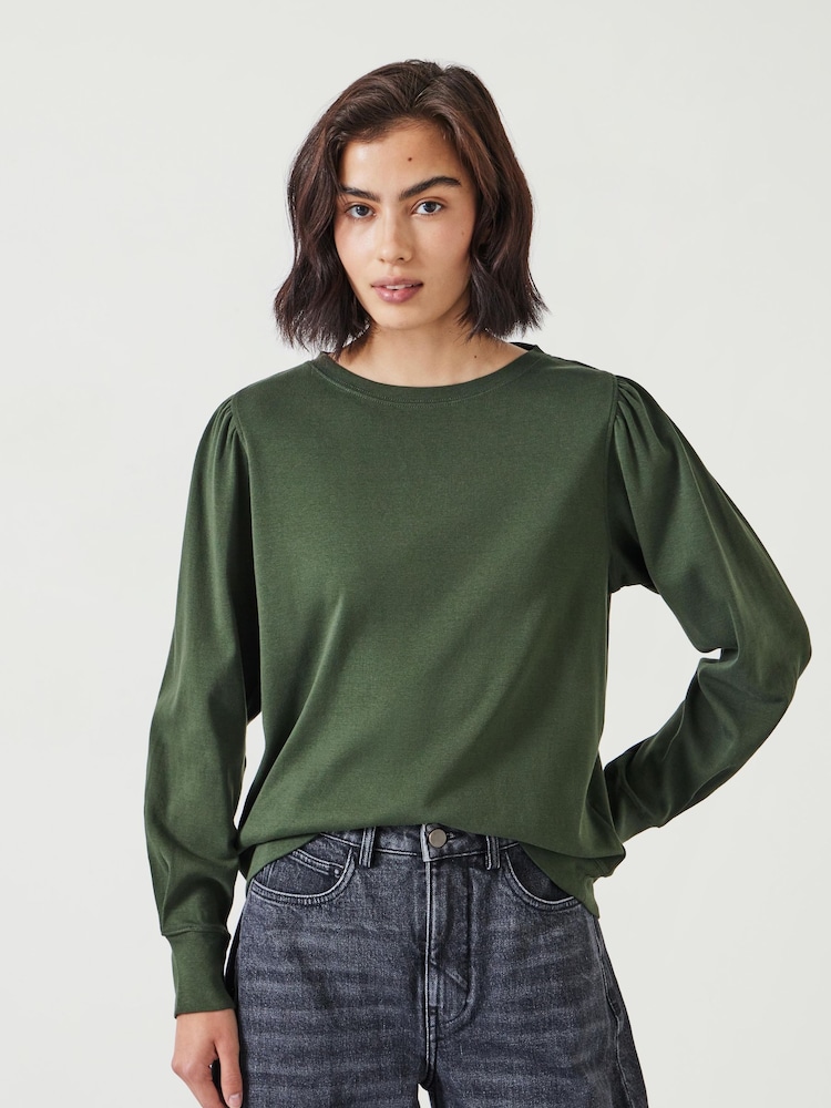 Hush Green Emily Puff Sleeve 100% Cotton Jersey Top - Image 1 of 5