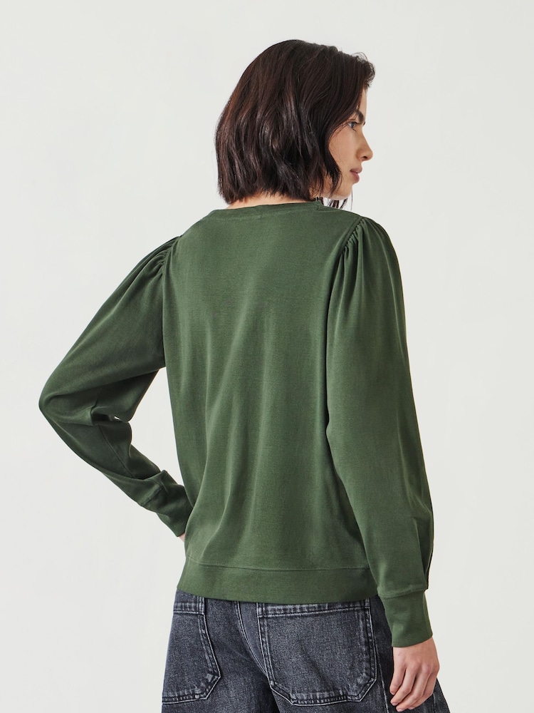 Hush Green Emily Puff Sleeve 100% Cotton Jersey Top - Image 3 of 5