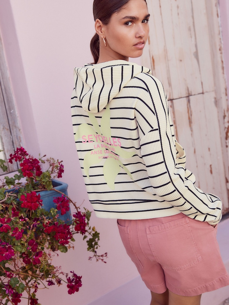 Black/White Stripe Back Graphic Textured Waffle Zip Through Jumper Hoodie - Image 1 of 9