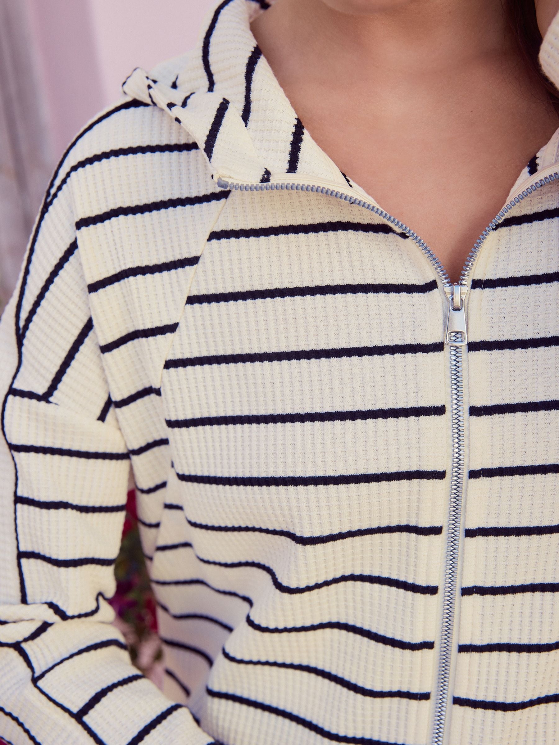 Buy Black/White Stripe Back Graphic Textured Waffle Zip Through