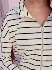 Black/White Stripe Back Graphic Textured Waffle Zip Through Jumper Hoodie - Image 6 of 9