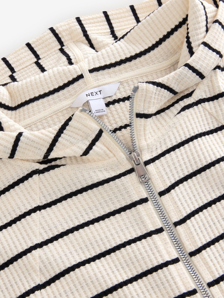 Black/White Stripe Back Graphic Textured Waffle Zip Through Jumper Hoodie - Image 9 of 9