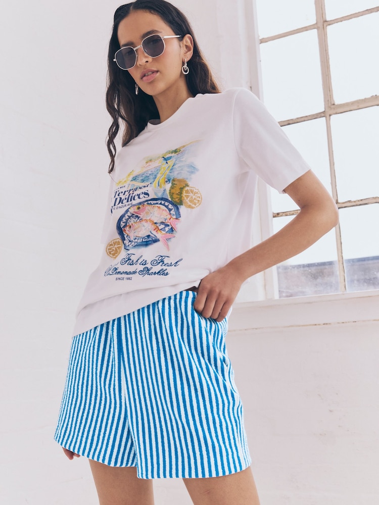 Blue/Navy Textured Striped Summer Beach Shorts - Image 4 of 9