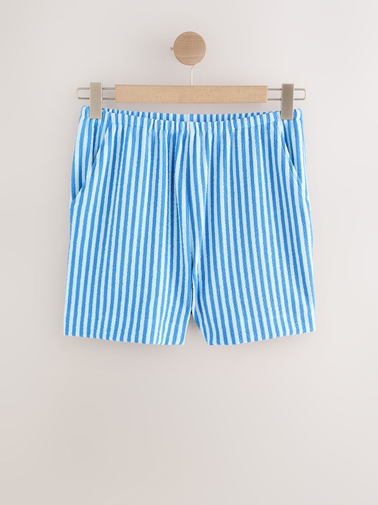 Blue/Navy Textured Striped Summer Beach Shorts - Image 7 of 9