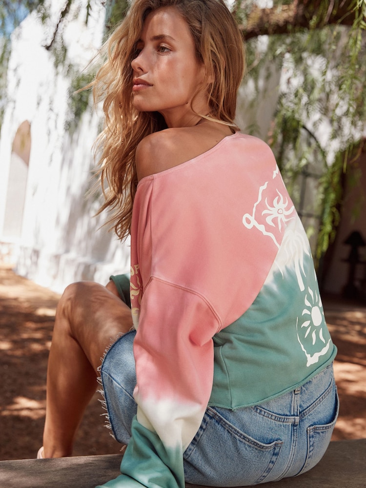 وردي/أزرق على أخضر - Slouched Neck Shoulder Summer Sweat Top - صورة 1 من 8