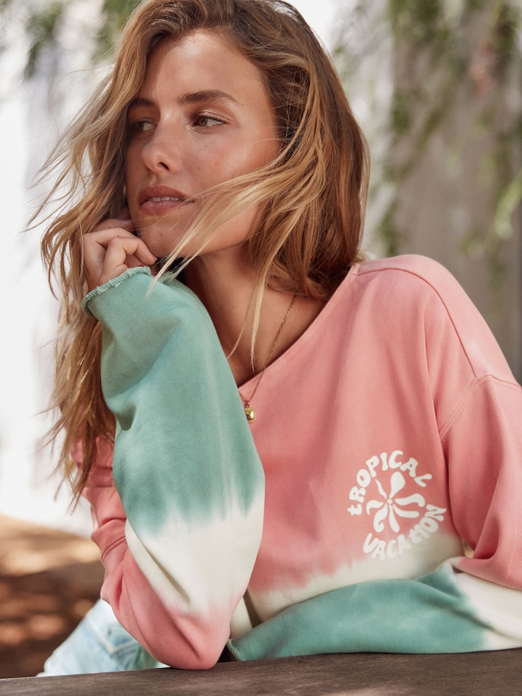Pink/Teal Slouched Neck Shoulder Summer Sweat Top - Image 4 of 8