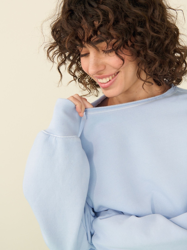 Light Blue Raw Hem Detail Washed 100% Cotton Crew Neck Sweatshirt - Image 4 of 8