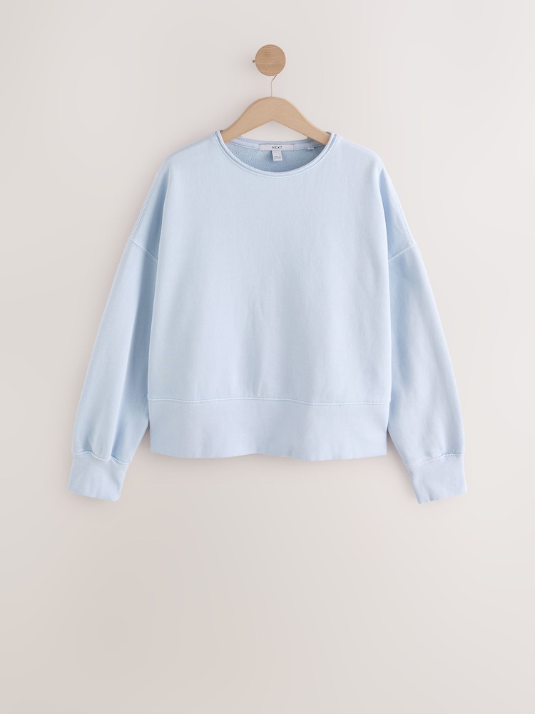 Light Blue Raw Hem Detail Washed 100% Cotton Crew Neck Sweatshirt - Image 5 of 8