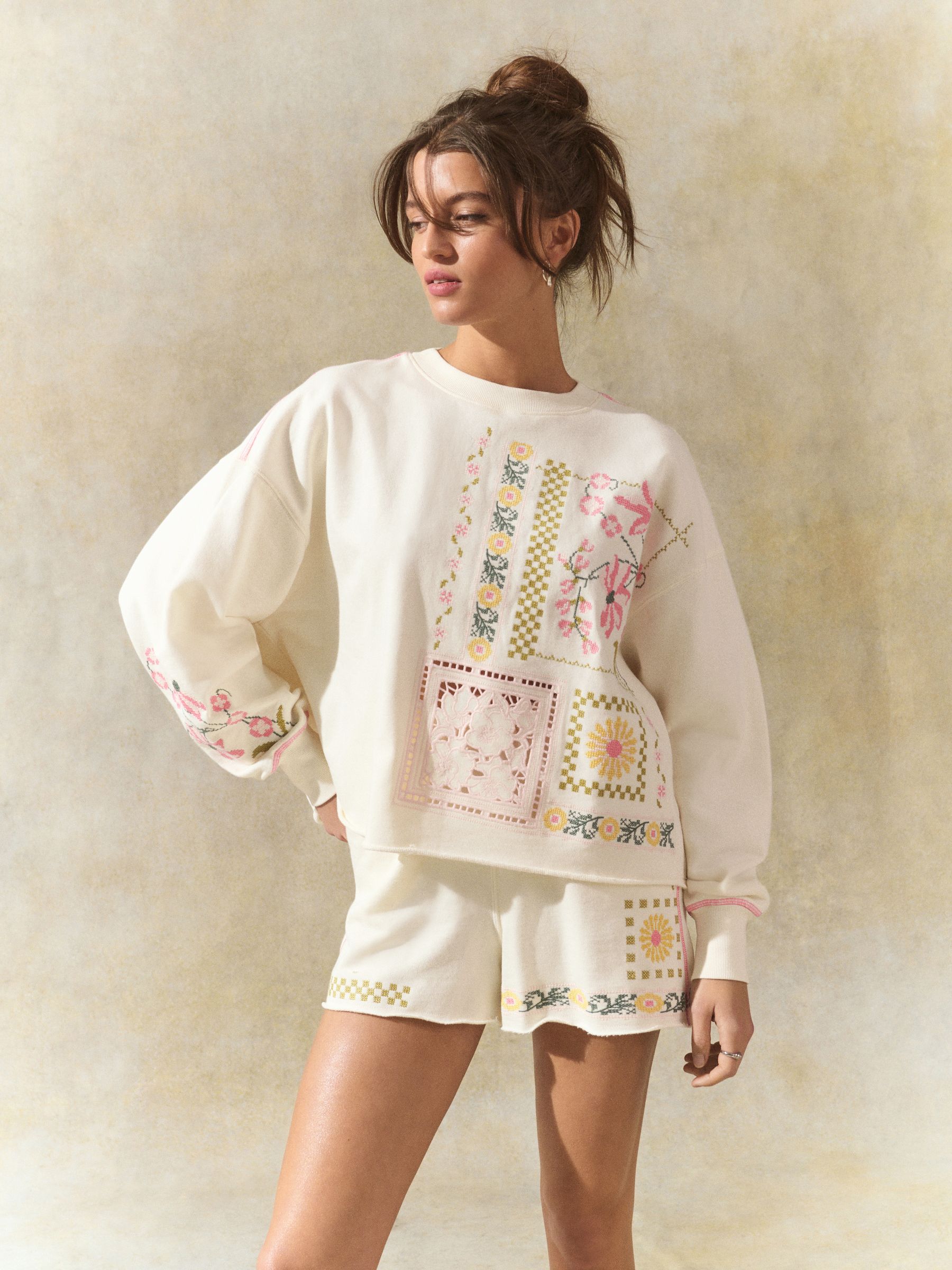 Buy Ecru 100% Cotton Pretty Embroidered Graphic Crewneck