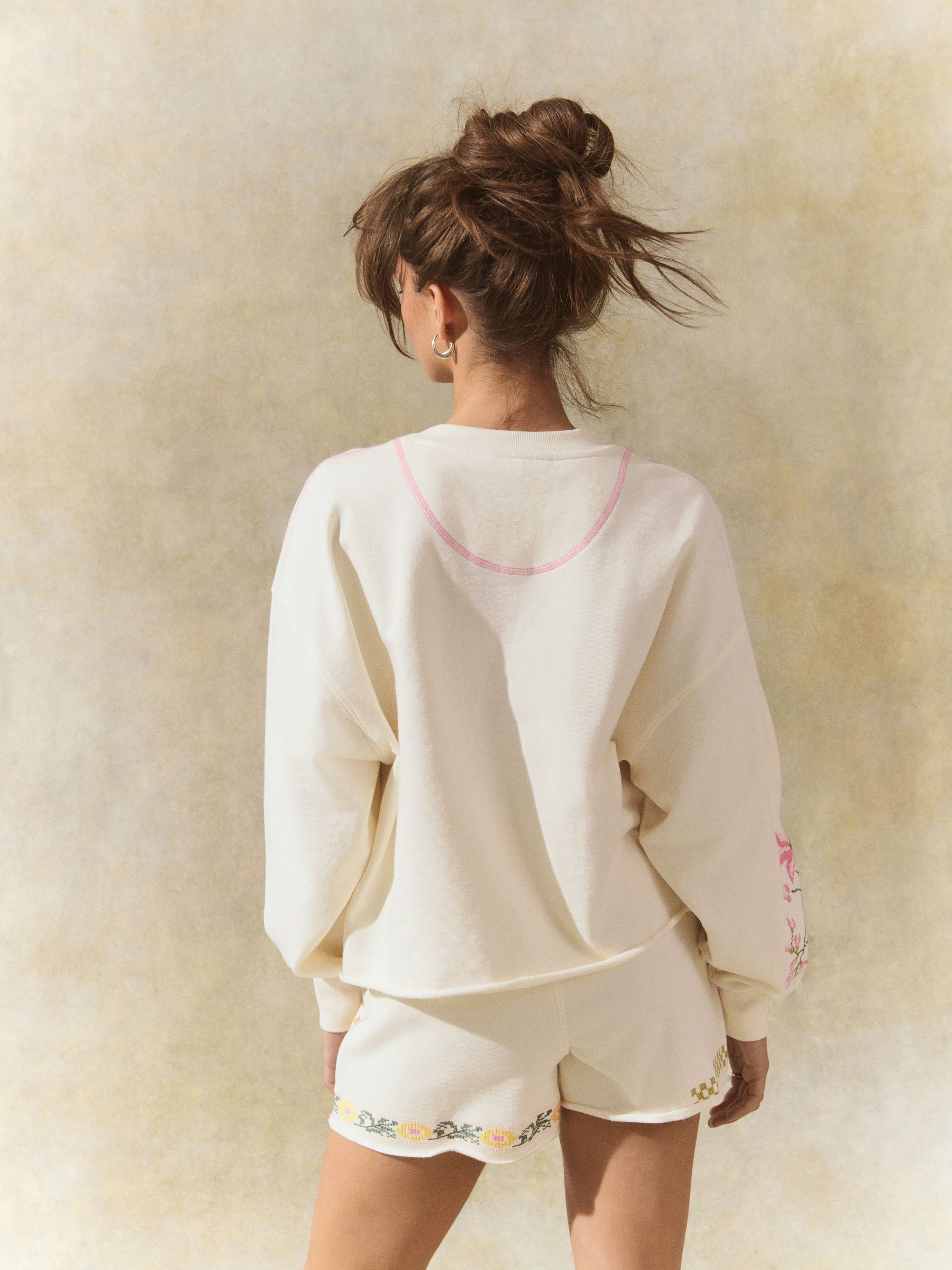 Buy Ecru 100% Cotton Pretty Embroidered Graphic Crewneck