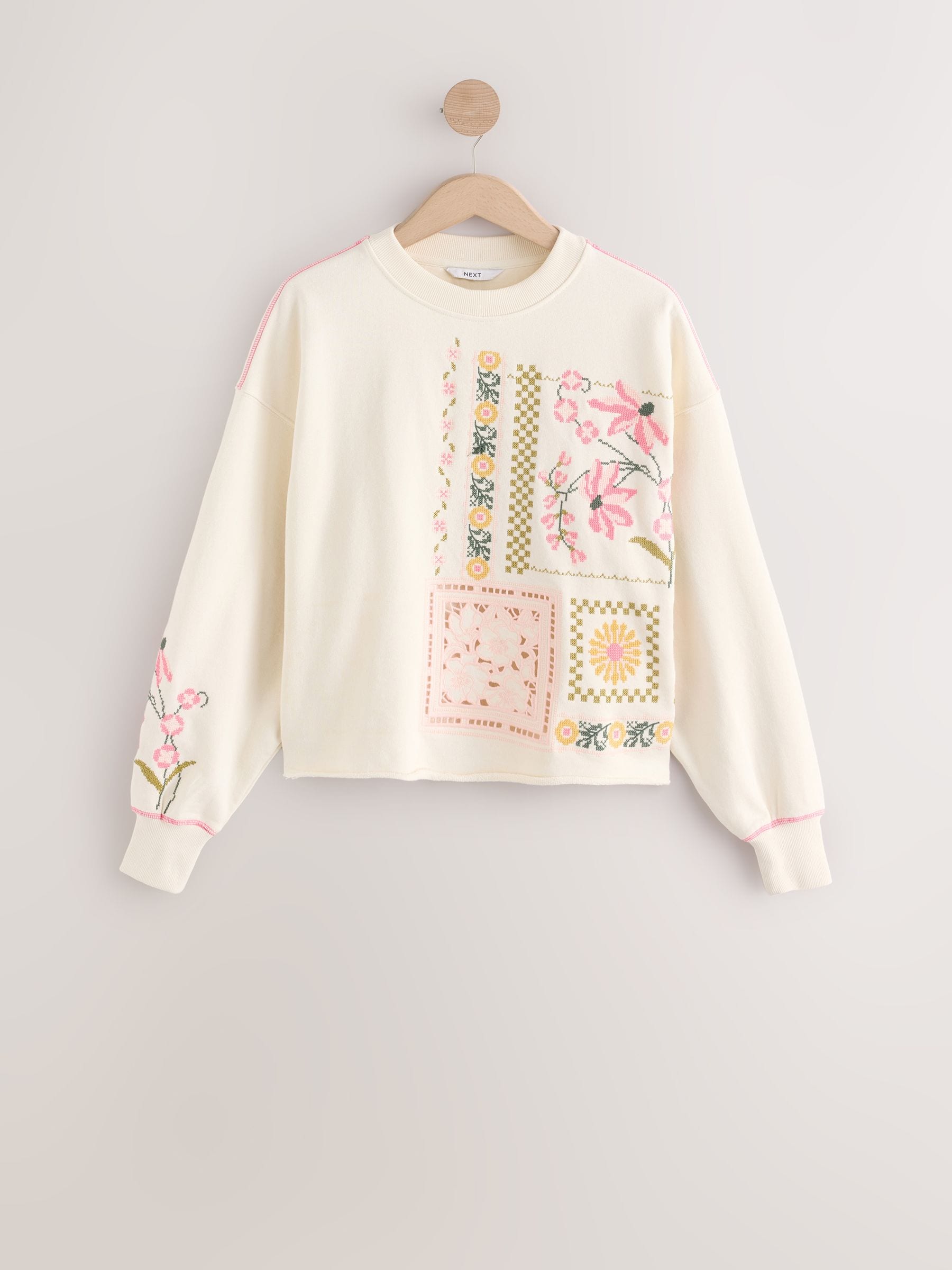 Buy Ecru 100% Cotton Pretty Embroidered Graphic Crewneck