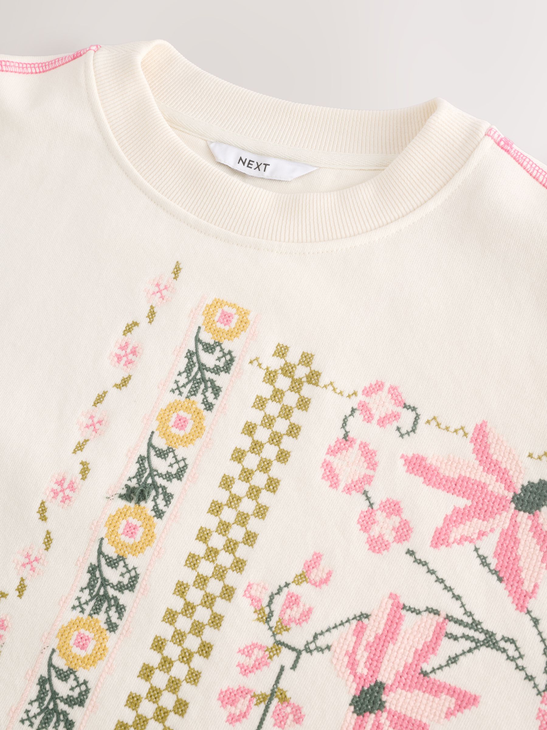Buy Ecru 100% Cotton Pretty Embroidered Graphic Crewneck