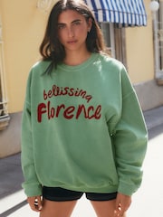 Green/Red Relaxed Fit Florence Painted Vintage Look Washed Summer City Graphic Crew Neck Sweatshirt - Image 1 of 9