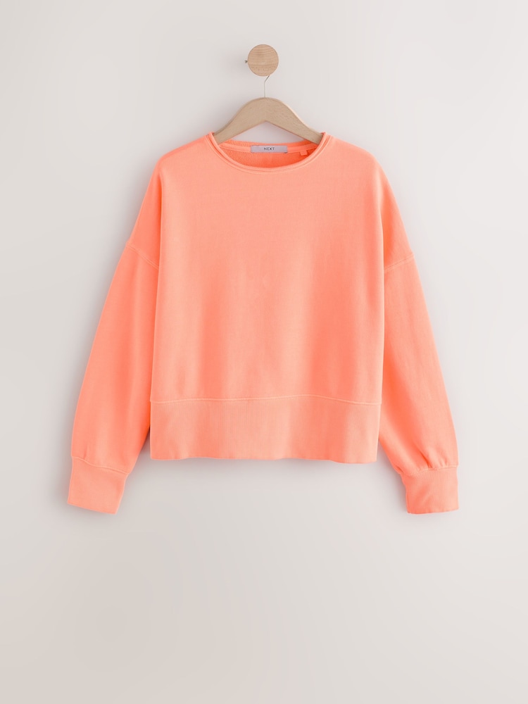 Fluoriserend oranje - Raw Hem Detail Washed 100% Cotton Crew Neck Sweatshirt - Image 7 of 10