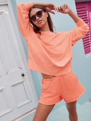Fluro Orange Raw Hem Detail Washed 100% Cotton Jersey Shorts - Image 1 of 9