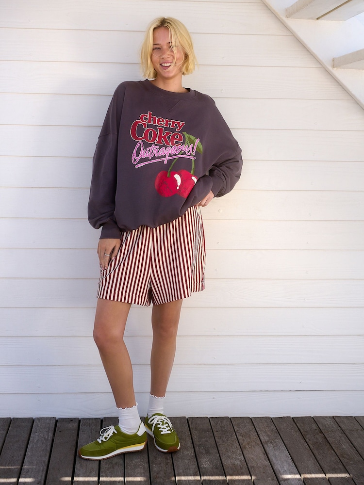 Burg/White Textured Striped Summer Beach Shorts - Image 2 of 7