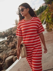 Red/Ecru Stripe Knitlook Short Sleeve Dress - Image 1 of 7