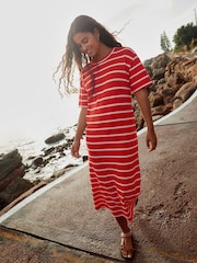 Red/Ecru Stripe Knitlook Short Sleeve Dress - Image 2 of 7
