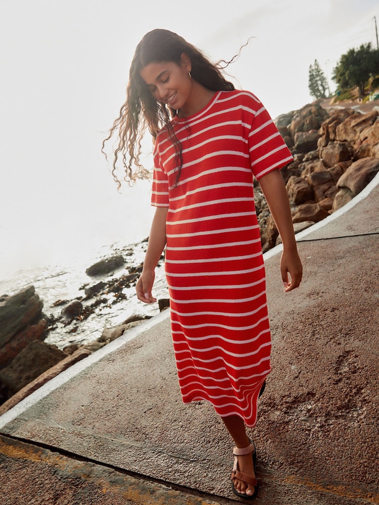 Red/Ecru Stripe Knitlook Short Sleeve Dress - Image 2 of 7