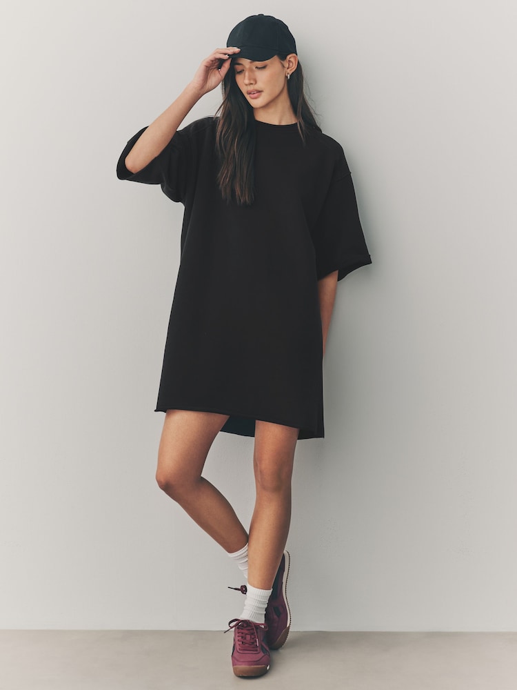 Black Raw Hem Detail Washed 100% Cotton Crew Neck Dress - Image 1 of 8 Black Raw Hem Detail Washed 100% Cotton Crew Neck Dress - Image 1 of 8