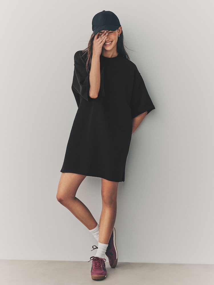 Black Raw Hem Detail Washed 100% Cotton Crew Neck Dress - Image 2 of 8 Black Raw Hem Detail Washed 100% Cotton Crew Neck Dress - Image 2 of 8