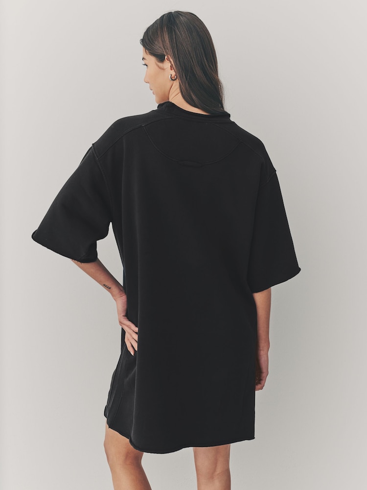 Black Raw Hem Detail Washed 100% Cotton Crew Neck Dress - Image 3 of 8