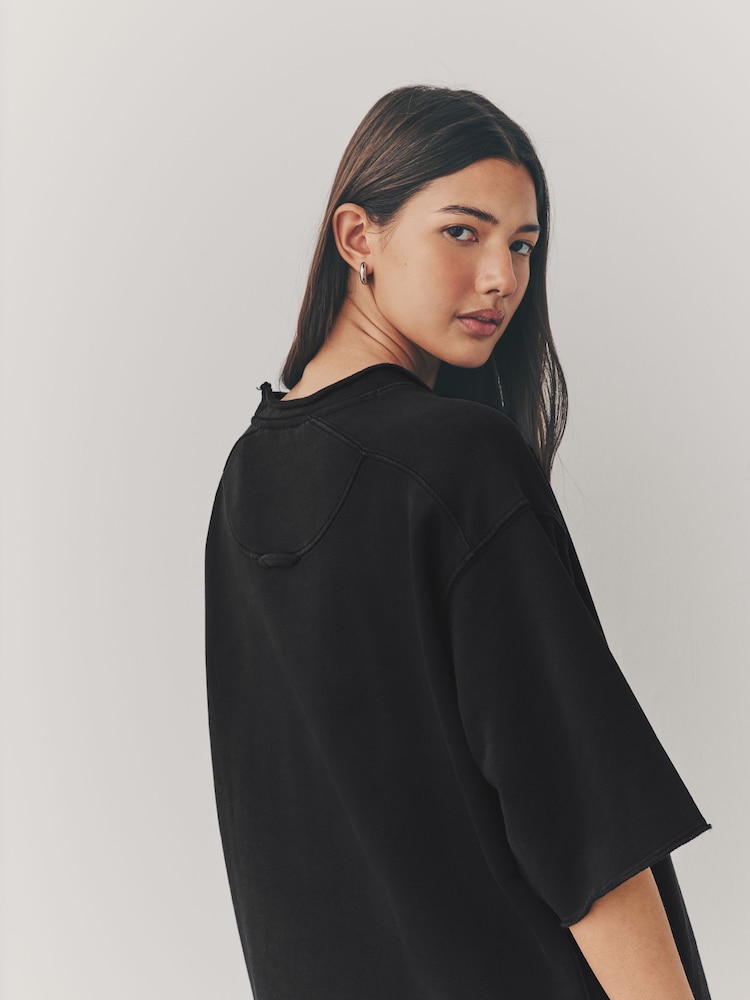 Black Raw Hem Detail Washed 100% Cotton Crew Neck Dress - Image 4 of 8