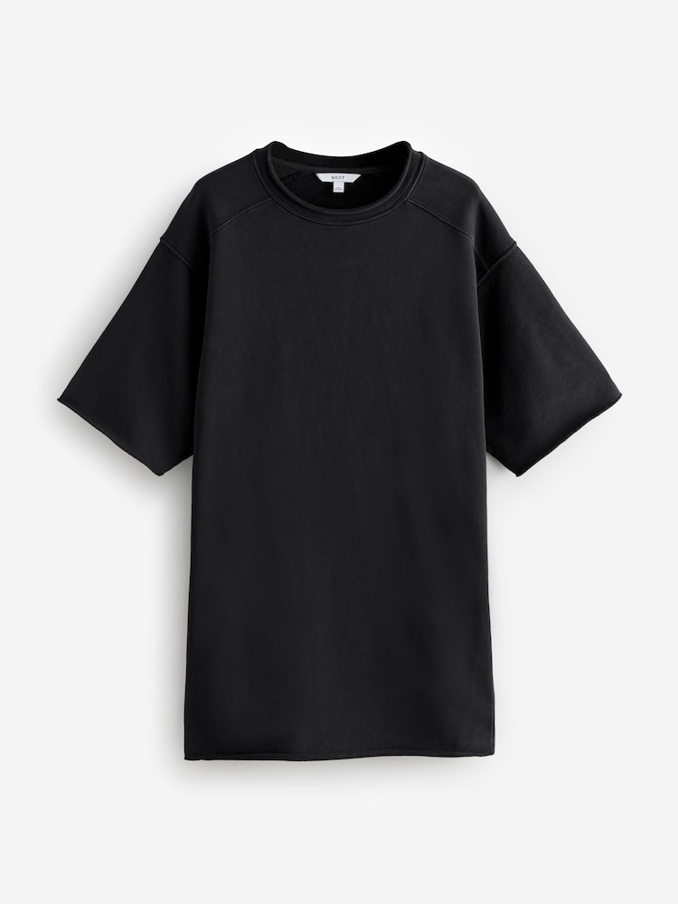 Black Raw Hem Detail Washed 100% Cotton Crew Neck Dress - Image 6 of 8