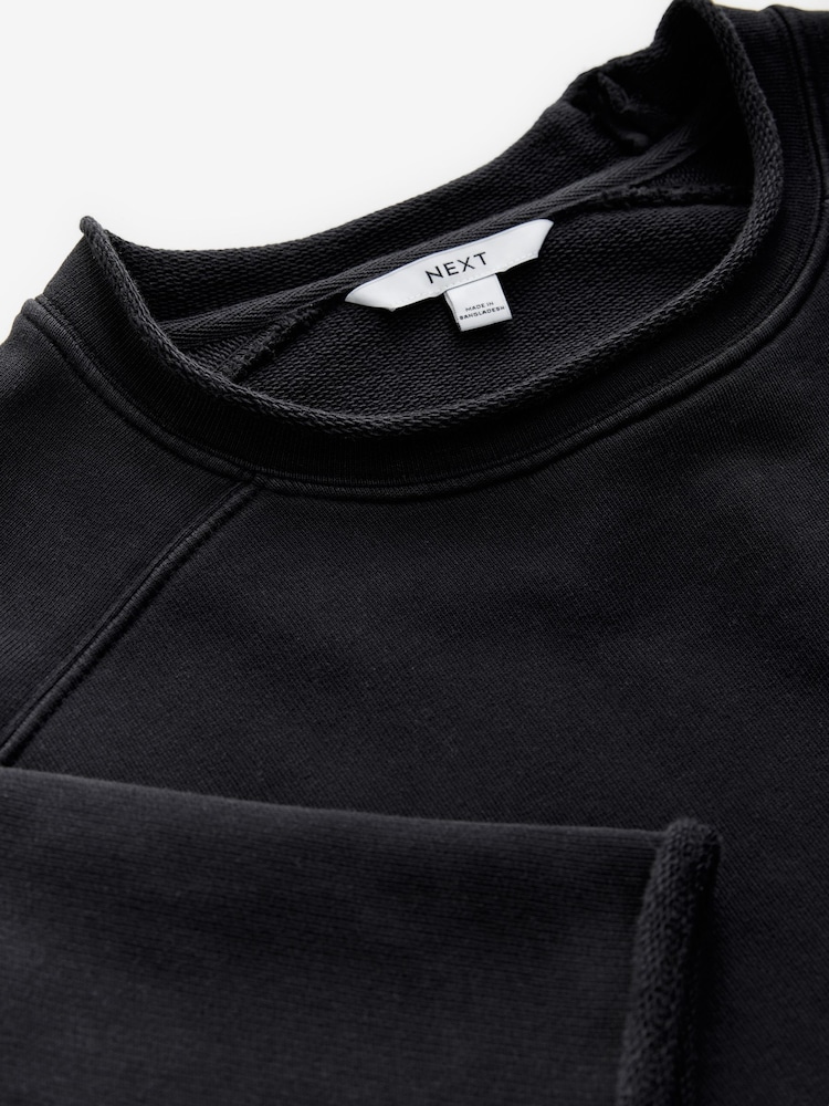Black Raw Hem Detail Washed 100% Cotton Crew Neck Dress - Image 7 of 8