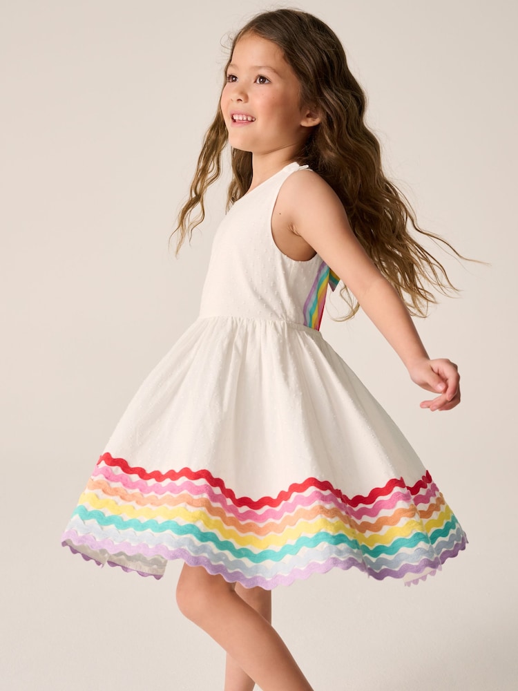 Little Bird by Jools Oliver White Rainbow Woven 100% Cotton Cut Out Dress - Image 1 of 6