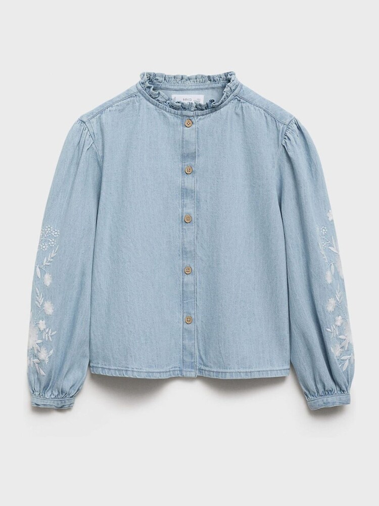 Mango Blue Embroidered Denim 100% Cotton Blouse - Image 1 of 3 Mango Blue Embroidered Denim 100% Cotton Blouse - Image 1 of 3