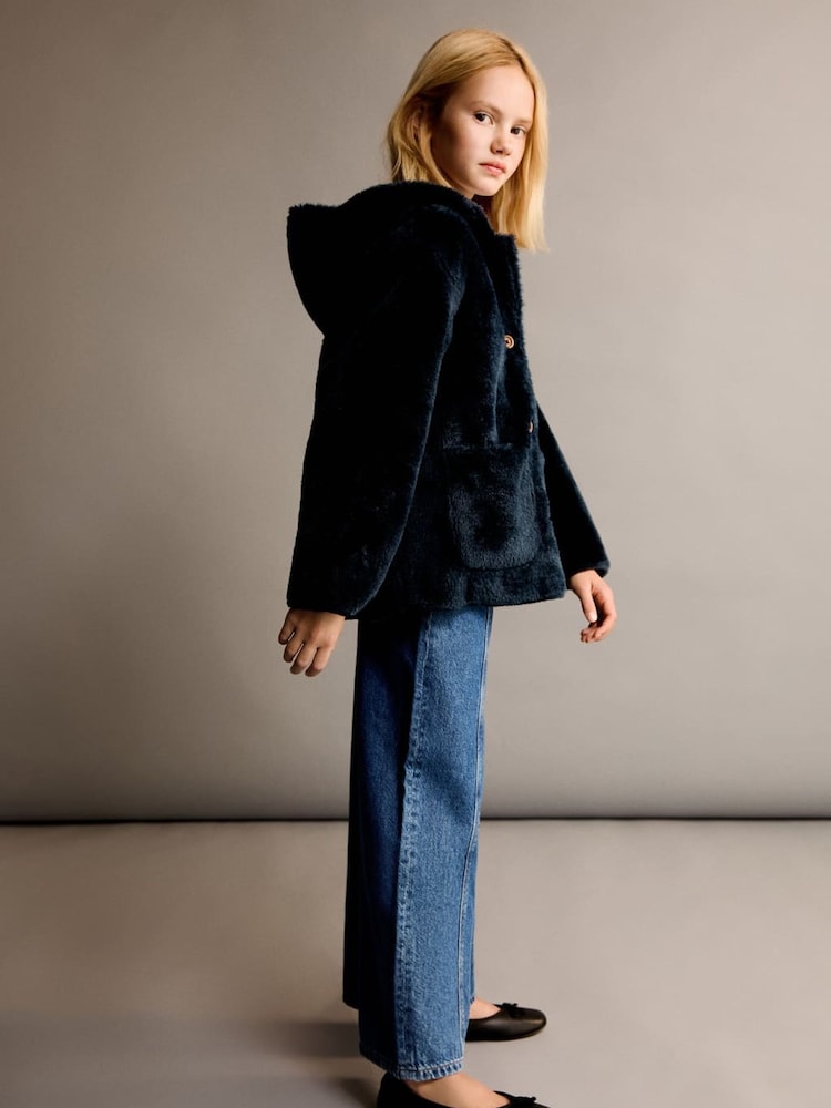 Mango Navy Girls Faux Fur Buttoned Coat - Image 1 of 5 Mango Navy Girls Faux Fur Buttoned Coat - Image 1 of 5