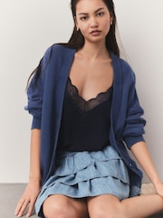 Washed Indigo Blue Boyfriend Oversized Varsity Style Jersey Longline Cardigan - Image 1 of 7